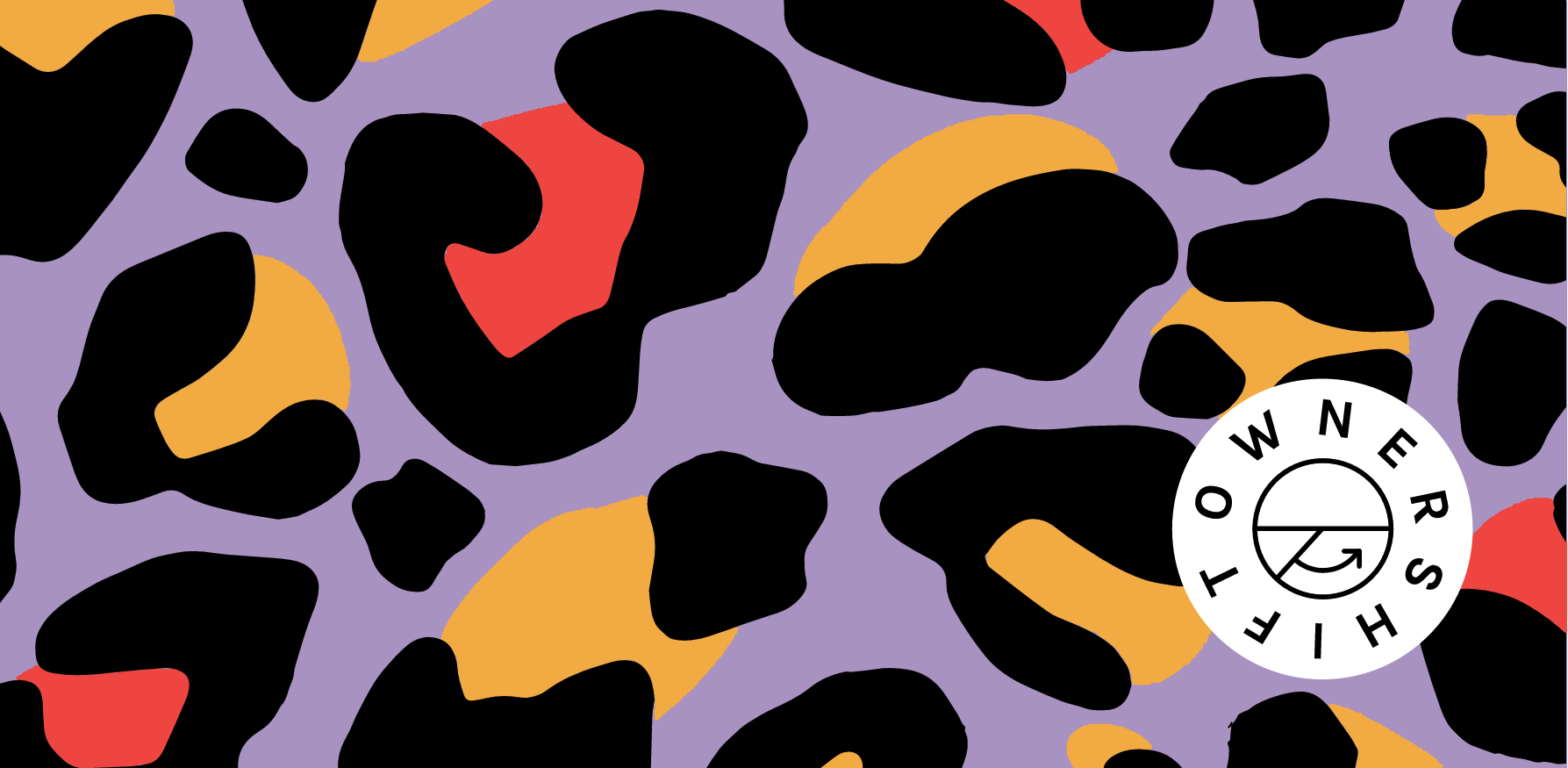 En grafisk bild med ett leopardmönster i lila, rött, gult och svart. I hörnet syns tankesmedjan Owershifts logotyp.